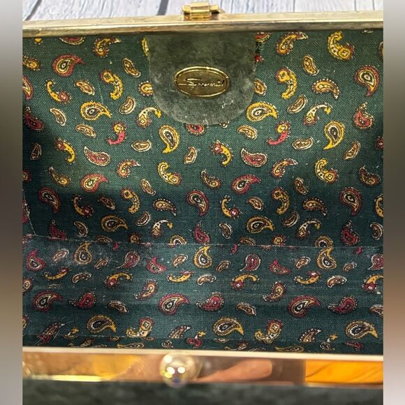 Sorpresa! Vintage Dark Green Suede Leather Evening Clutch Frame Clasp Purse - Picture 9 of 15